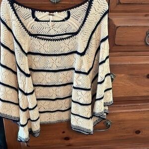 Free People Women’s Cream And Navy Crocheted Top Size Small Oversized NWOT